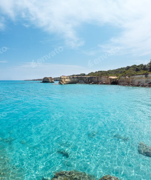 Preview: Picturesque Seascape With White Rocky Cliffs, Sea Bay, Islets And Faraglioni At Beach Spiaggia