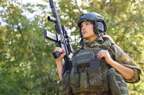 Preview: Strong Brave Female Army Soldier With Rifle Machine Gun Standing In The Forest, She Is Ready To