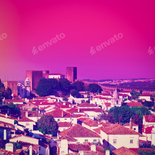 Preview: View To Historic Center City Of Obidos In Portugal At Sunset, Instagram Effect