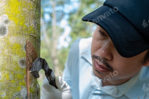 Preview: Asian Man Farmer Tapping Latex From The Rubber Tree