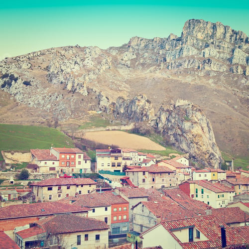 Preview: Typical Spanish Medieval City On The Background Of Rocky Mountains, Instagram Effect