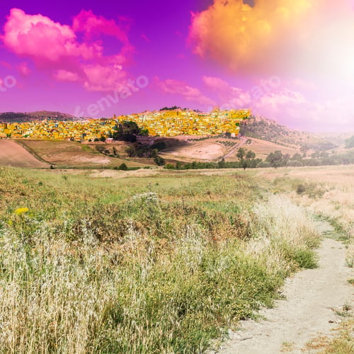 Preview: A Medieval City In The Mountains Of Sicily. Sicilian Landscape At Sunrise, Hills, Fields, Flowers