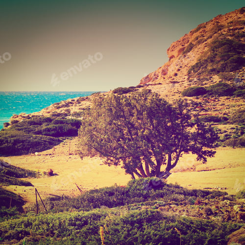 Preview: Typical Seascape Greek Island Of Rhodes With Rugged Coast, Instagram Effect