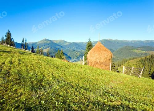 Preview: Summer Mountain Village Outscirts With Field And Haystack
