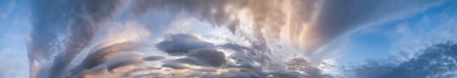 Preview: Fluffy Clouds In Evening Overcast Sky Panoramic View. Climate, Environment And Weather Concept Sky