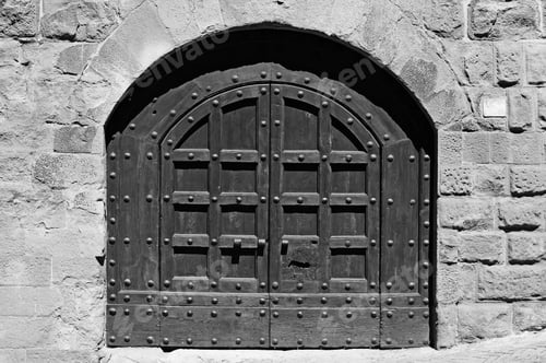 Preview: Closed Massive Wooden Door In Italy As A Symbol Of Restricting Tourism In Black And White