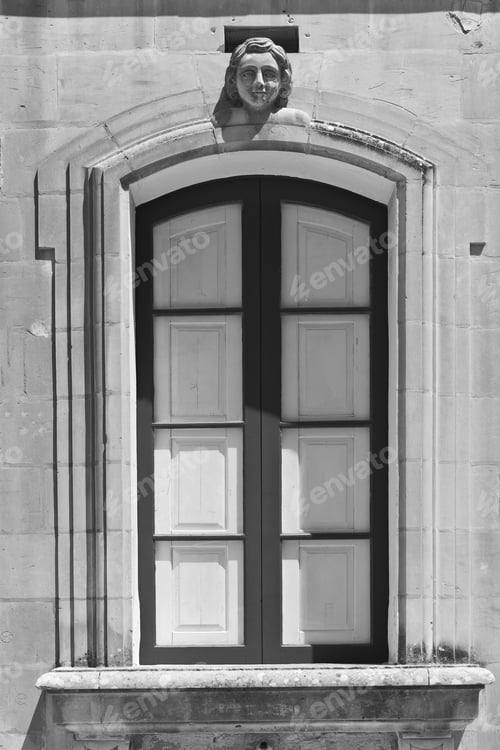 Preview: Building With Traditional Maltese Window In Historical Part Of Valletta. Black And White Picture