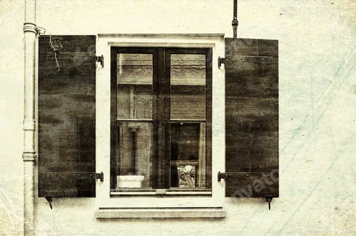 Preview: Window With Shutters In The Wall Of A House In Holland. Typical Dutch House With Windows Painted In
