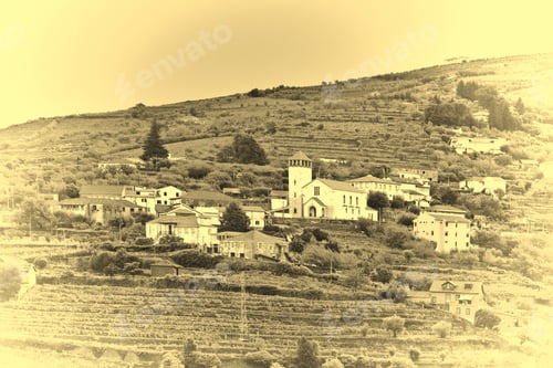 Preview: Village With Church Surrounded By Vineyards On The Hills Of Portugal, Stylized Photo