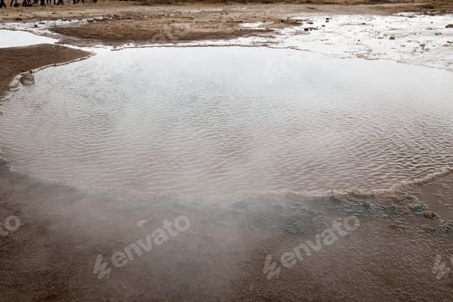 Preview: Steam Rising From Geyser Fumarole Volcanic Lava Field Panorama Geysir Iceland