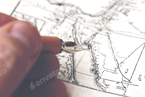 Preview: A Person Is Drawing A Historical Map With An Ink Pen. Focus Point On The Pen Tip. Image Has A