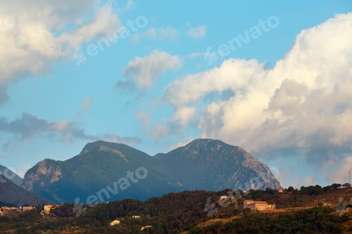 Preview: Cosenza Mountains Summer Evening View From Tyrrhenian Sea Coast. Ancient Cirella Town Ruins On Hill
