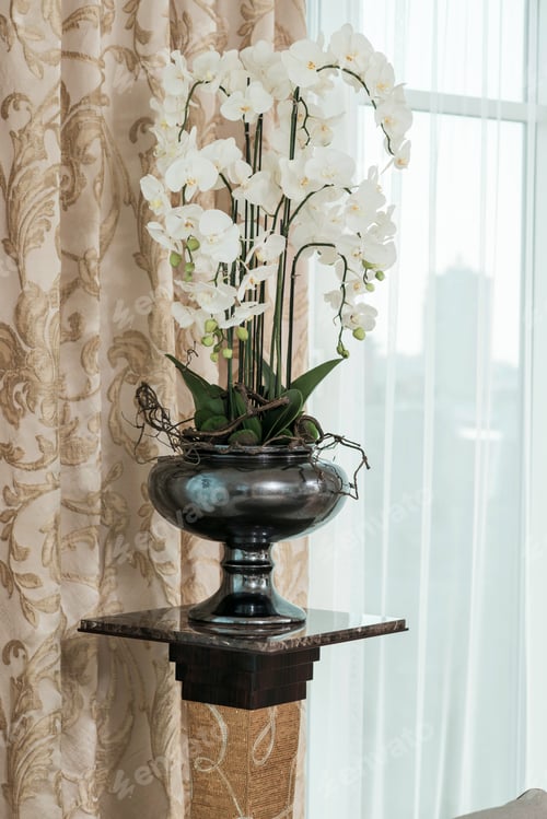 Preview: Flowerpot On The Stand At The Window With A Curtain
