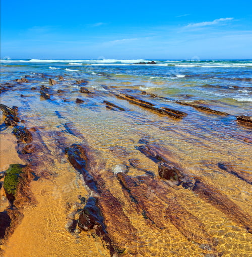 Preview: Rock Formations On Sandy Beach (Algarve, Costa Vicentina, Portugal). Two Shots Stitch Image.