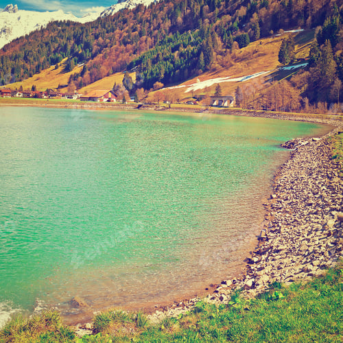 Preview: Mountain Lake On The Background Of Snow-Capped Alps In Switzerland, Instagram Effect