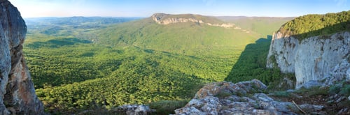 Preview: Spring Crimea Mountain Rocky View With Valley And Sokolinoje Village (Ukraine). Great Crimean