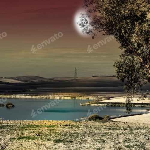 Preview: Pond For Irrigation Between Stubble Fields In Spain After Harvesting In The Light Of The Moon