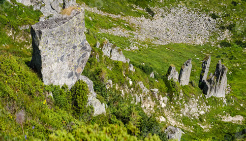 Preview: Summer Mountain Slope With Picturesque Rock Formations. Shpyci Mountain, Carpathian, Ukraine.
