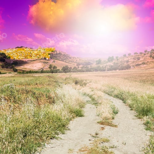 Preview: A Medieval City In The Mountains Of Sicily. Sicilian Landscape At Sunrise, Hills, Fields, Flowers
