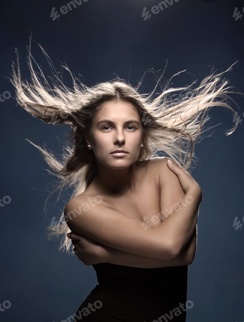 Preview: Red-Haired, Blue-Eyed Girl In An Emotional Flight With The Wind From The Developing Hair