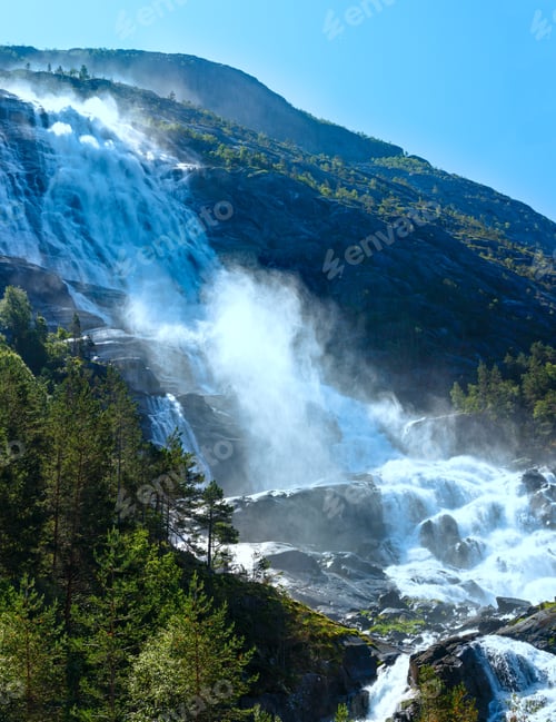 Preview: Summer Mountain Langfossen Waterfall On Slope (Etne, Norway).