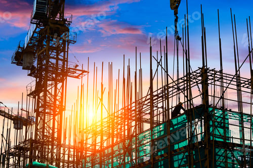 Preview: Construction Site With Crane And Workers At Sunset