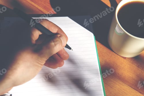 Preview: A Man Is Writing A Letter. A Cup Of Coffee Is Next To The Empty Notepad Page. Image Has A Vintage