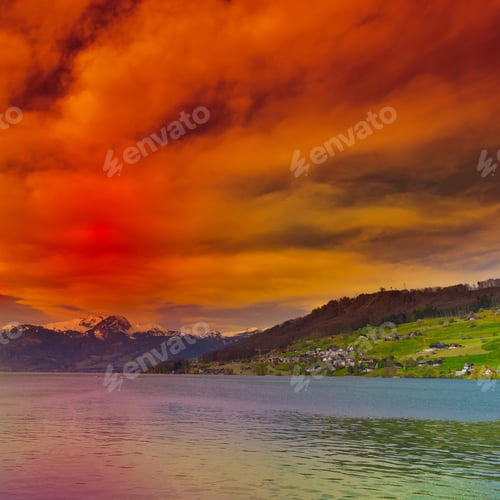 Preview: Lake Sarner On The Background Of Snow-Capped Alps, Switzerland, Instagram Effect