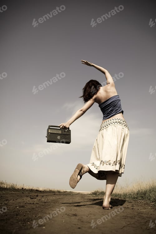 Preview: Girl Dancing At Road With Radio, Retro Style
