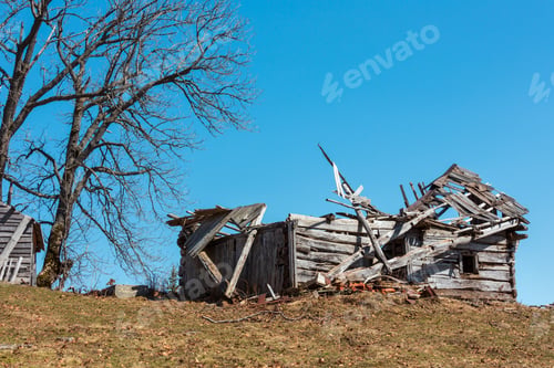 Preview: Ruined Shed On Animal Husbandry Farmland On Early Spring Carpathian Mountains Plateau Top.