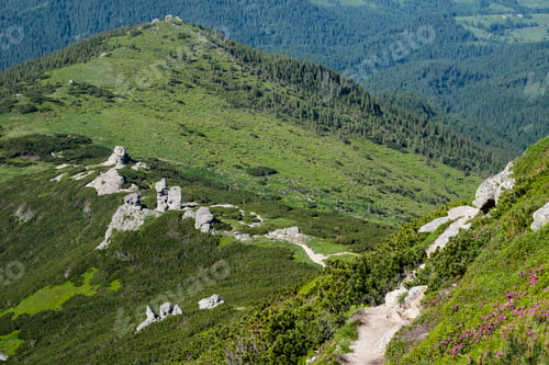 Preview: Big Rocky Vertical Boulders On Summer Mountain Ridge, Carpathian, Chornohora, Vuhatyj Kaminj