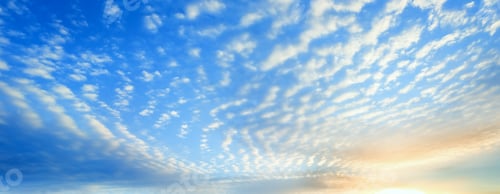 Preview: Summer Sunrise Blue Sky Panorama With Fleese Clouds. Summer Morning Good Weather Background.