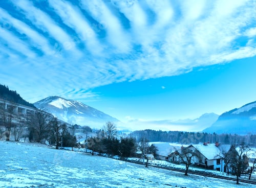 Preview: Winter Mountain Village Hazy Landscape (Austria).