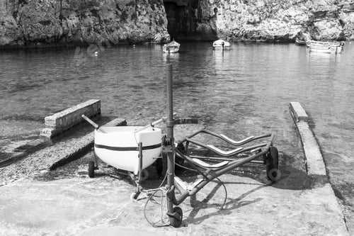Preview: Boat On The Trolley For Launching On The Water. The Inland Sea Is A Lagoon Of Seawater On The