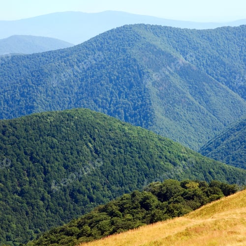 Preview: Summer Misty Mountain Landscape With Green Forest On Slope (Ukraine, Carpathian Mountains)