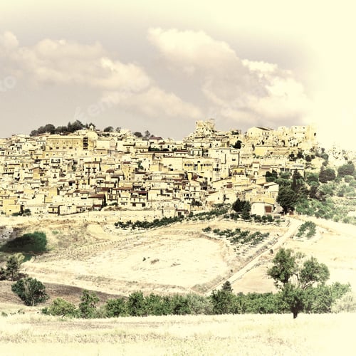 Preview: View To The Medieval City Of Pietraperria In Sicily, Retro Image Filtered Style