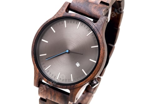Preview: Multipurpose Wooden Wrist Watch With Aluminum Dial And Arrows, Close-Up Isolated On White
