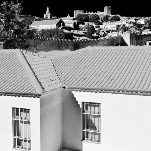 Preview: View To Historic Center City Of Obidos In Portugal, Retro Image Filtered Style