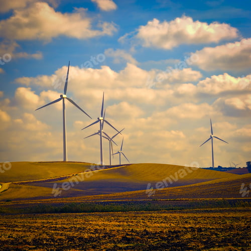 Preview: Modern Wind Turbines Producing Energy In Spain At Sunset, Vintage Style Toned Picture