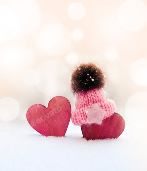 Preview: Two Red Hearts In Cap On Snow Background. Couple In Love. Valentine'S Day. Holidays Happy