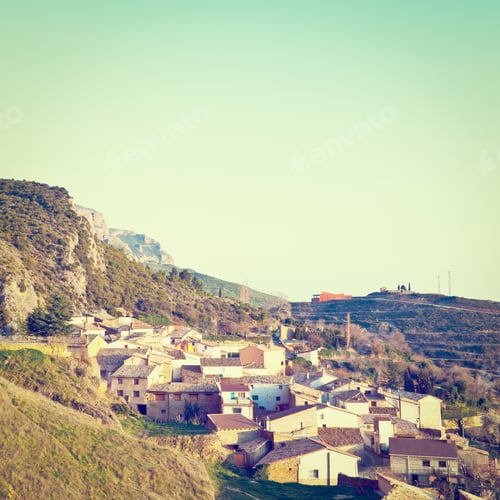 Preview: Spanish Medieval Village At The Foot Of The Rocks In The Pyrenees, Instagram Effect