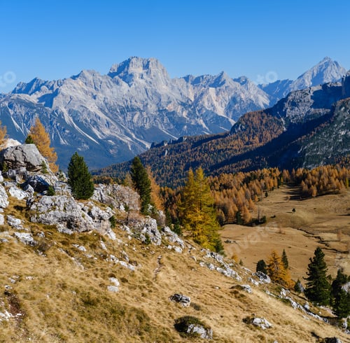 Preview: Sunny Picturesque Autumn Alpine Dolomites Rocky Mountain View From Hiking Path From Giau Pass To
