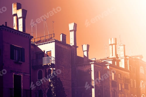 Preview: Italian Culture On Venetian Facades At Dawn In A Contemporary Style. Venice Is Rich And Poor