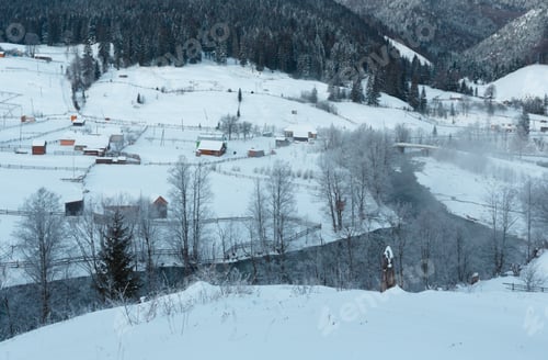 Preview: Daybreak Morning Winter Carpathian Mountain Village Zelene In Black Cheremosh River Valley Betwen