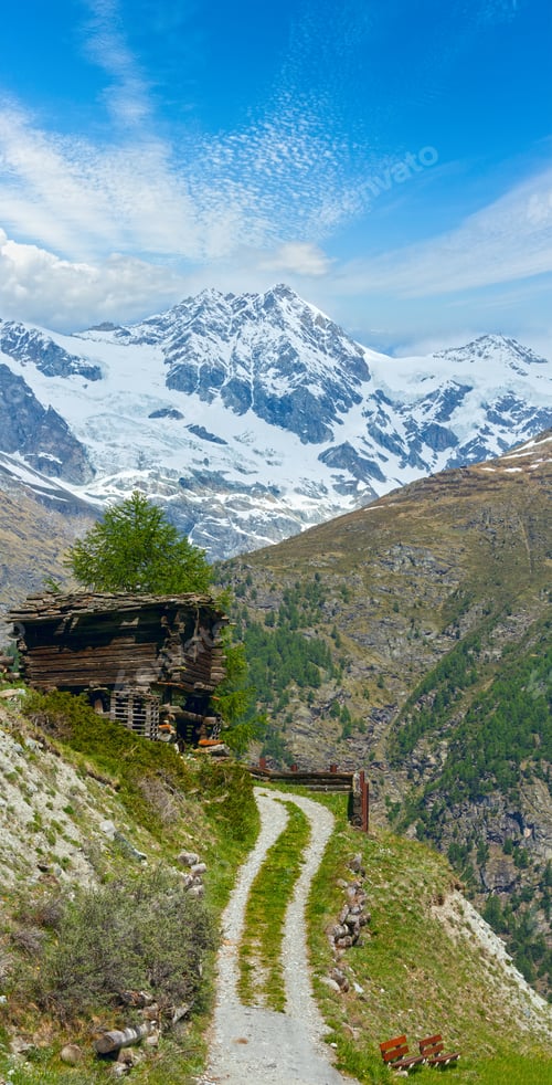 Preview: Summer Alps Mountain Plateau With Wooden Barn, Switzerland, Near Zermatt