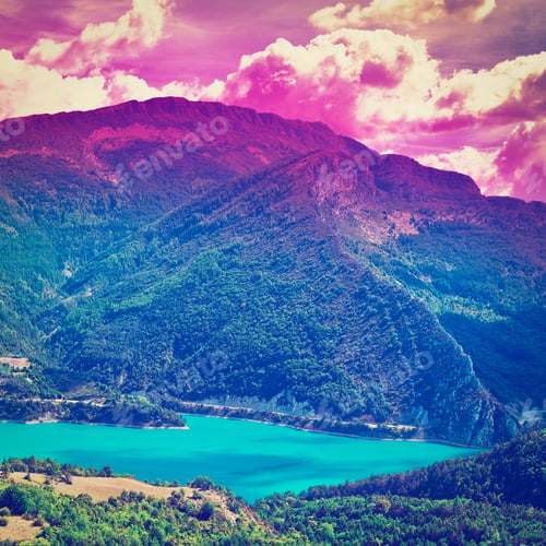 Preview: The Lake High Up In The French Alps, Sunset, Instagram Effect