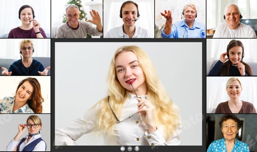 Preview: Headshot Screen Application View Of Diverse Multiracial Employees Have Work Web Conference Using