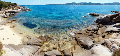Preview: Summer Sea Scenery With Aquamarine Transparent Water And Sandy Beach. View From Shore (Sithonia