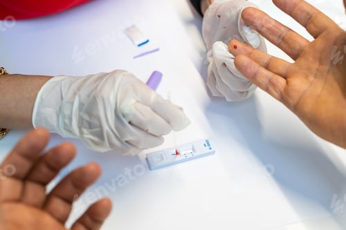 Preview: Medical Technician Ems Doctor Taking Finger Prick Prp Patient Blood Sample Using