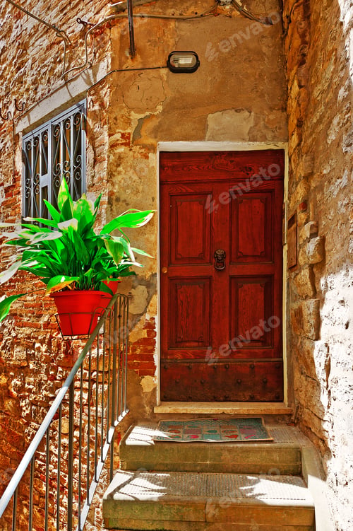 Preview: Porch Decorated With Flowers Of The Old Buildings In Italian City